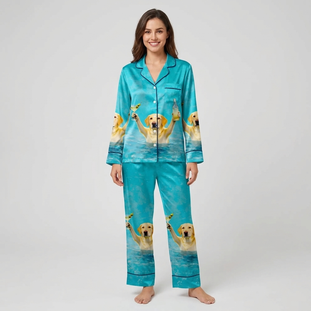 Women's satin pajama set with a yellow Labrador in a turquoise pool holding a martini - long sleeve and pants
