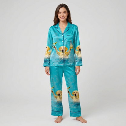 Women's satin pajama set with a yellow Labrador in a turquoise pool holding a martini - long sleeve and pants