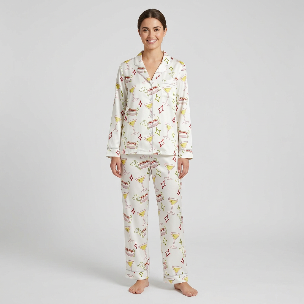 Women's satin pajama set with sketchy dachshunds, loaded hot dogs and olive martinis on white - long sleeve and pants