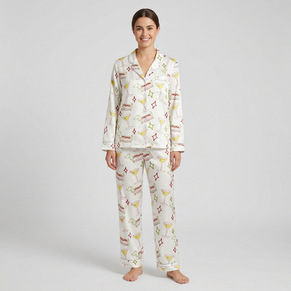 Women's satin pajama set with sketchy dachshunds, loaded hot dogs and olive martinis on white - long sleeve and pants