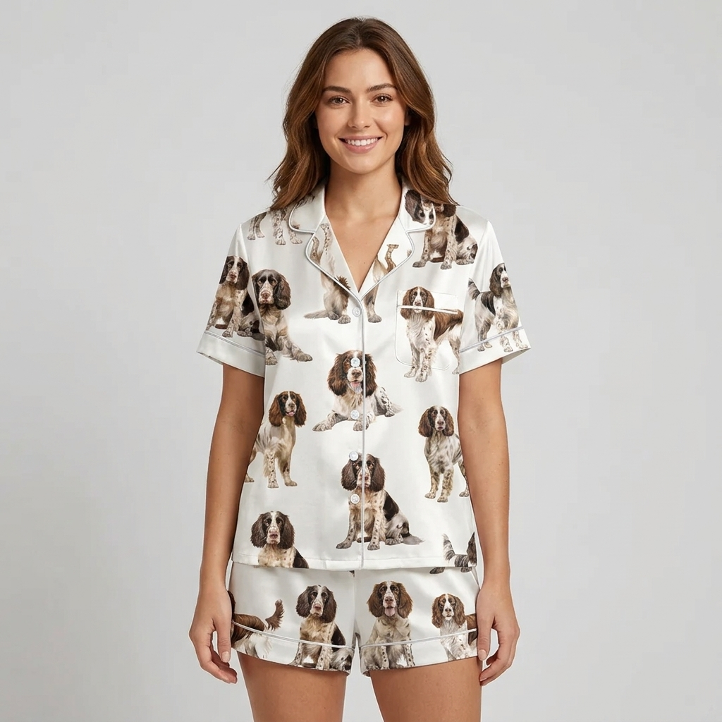 Women's satin pajama set with painterly liver-and-white springer spaniel portraits on white - short sleeve and shorts