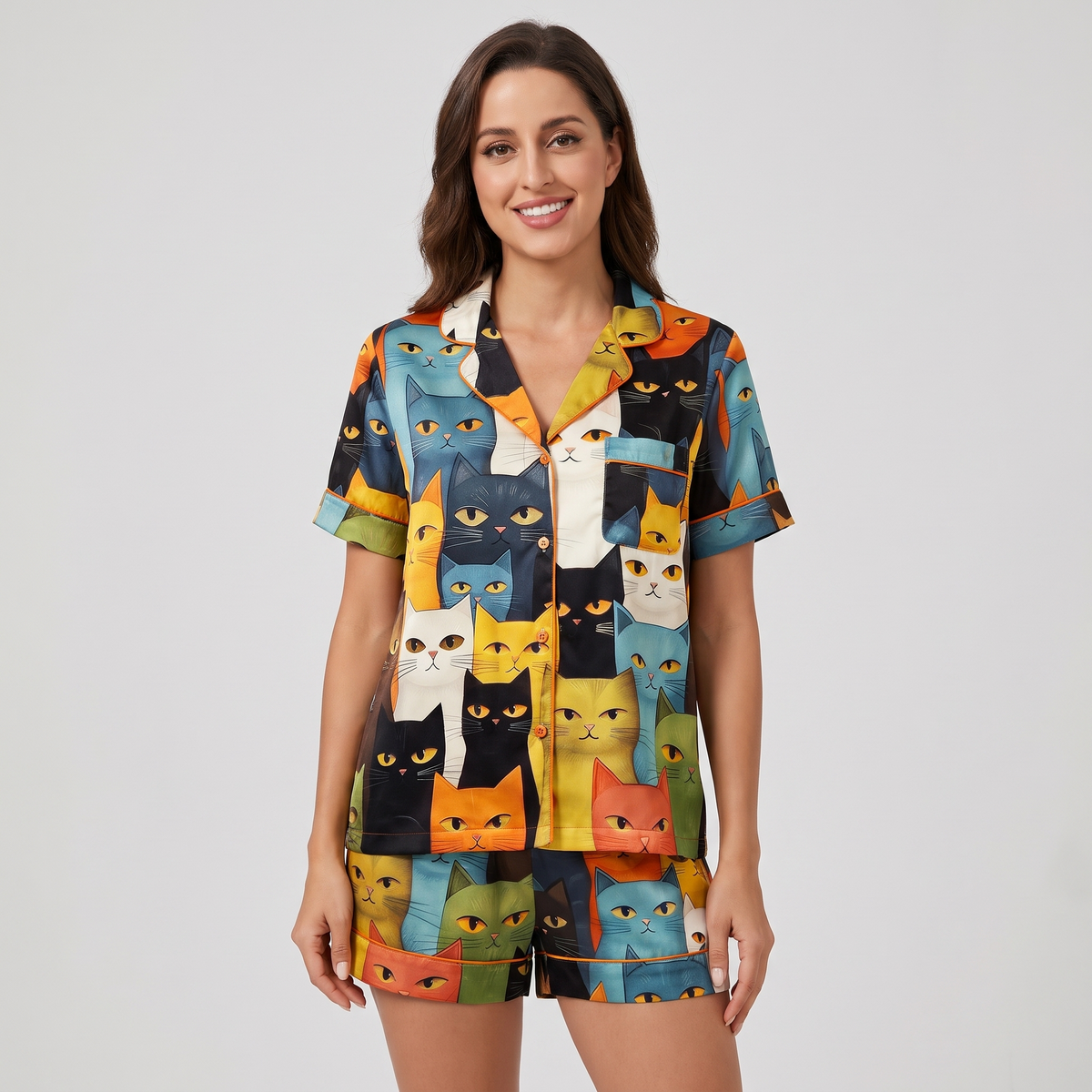 Staring Cats Women's Pajama Set - short sleeve and shorts