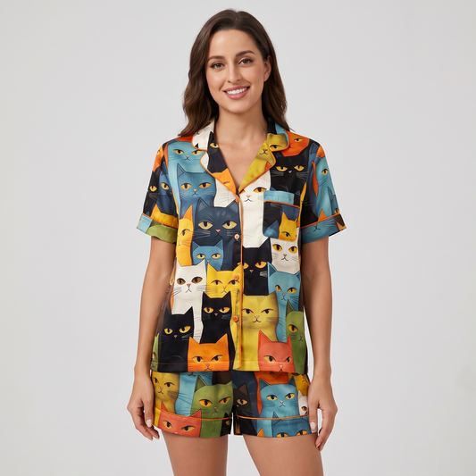 Staring Cats Women's Pajama Set - short sleeve and shorts