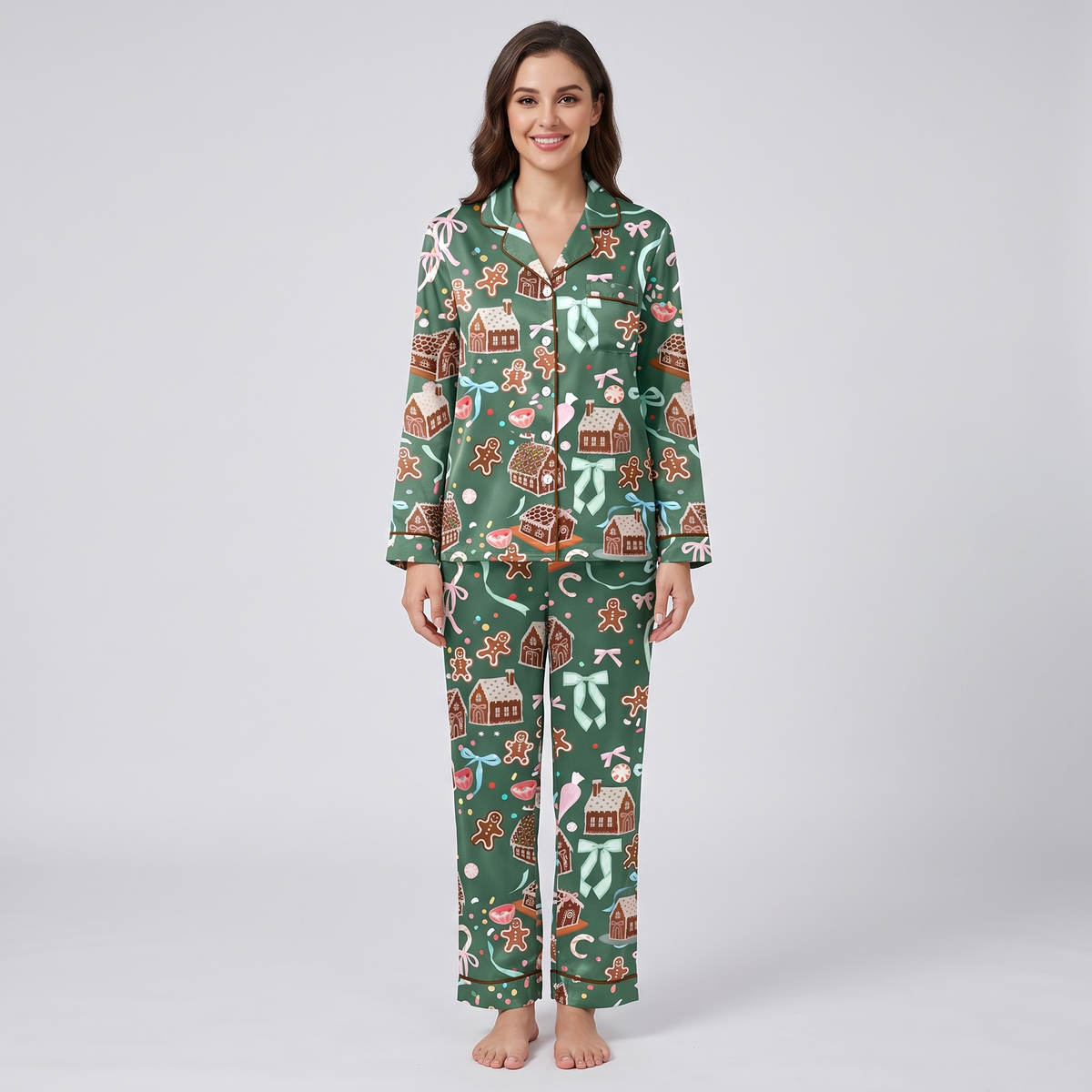 Green Gingerbread Village Women's Pajama Set - long sleeve and pants