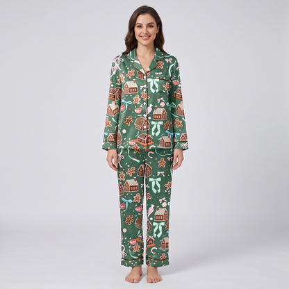 Green Gingerbread Village Women's Pajama Set - long sleeve and pants