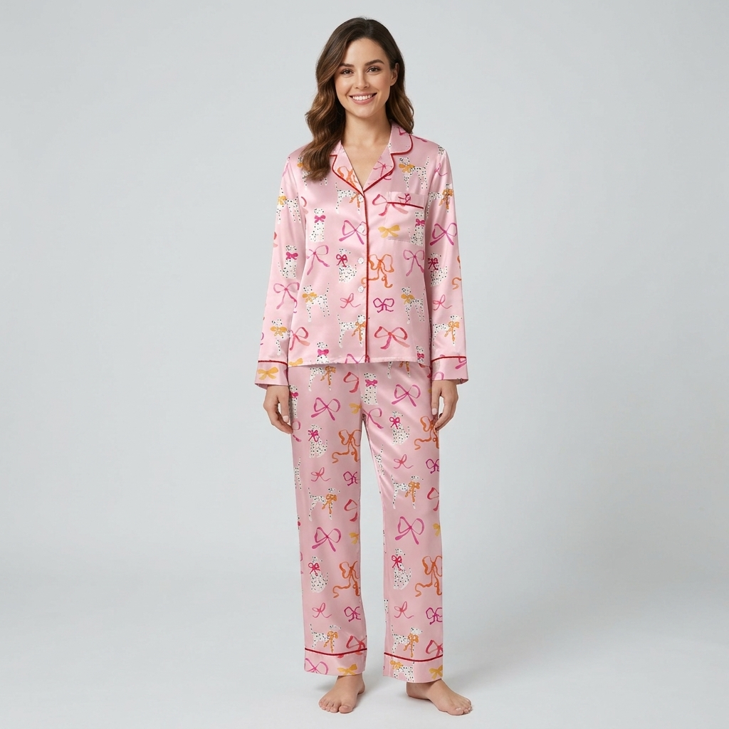 Women's satin pajama set with Dalmatians among scarlet, coral and gold ribbon bows on pink with red piping - long sleeve and pants