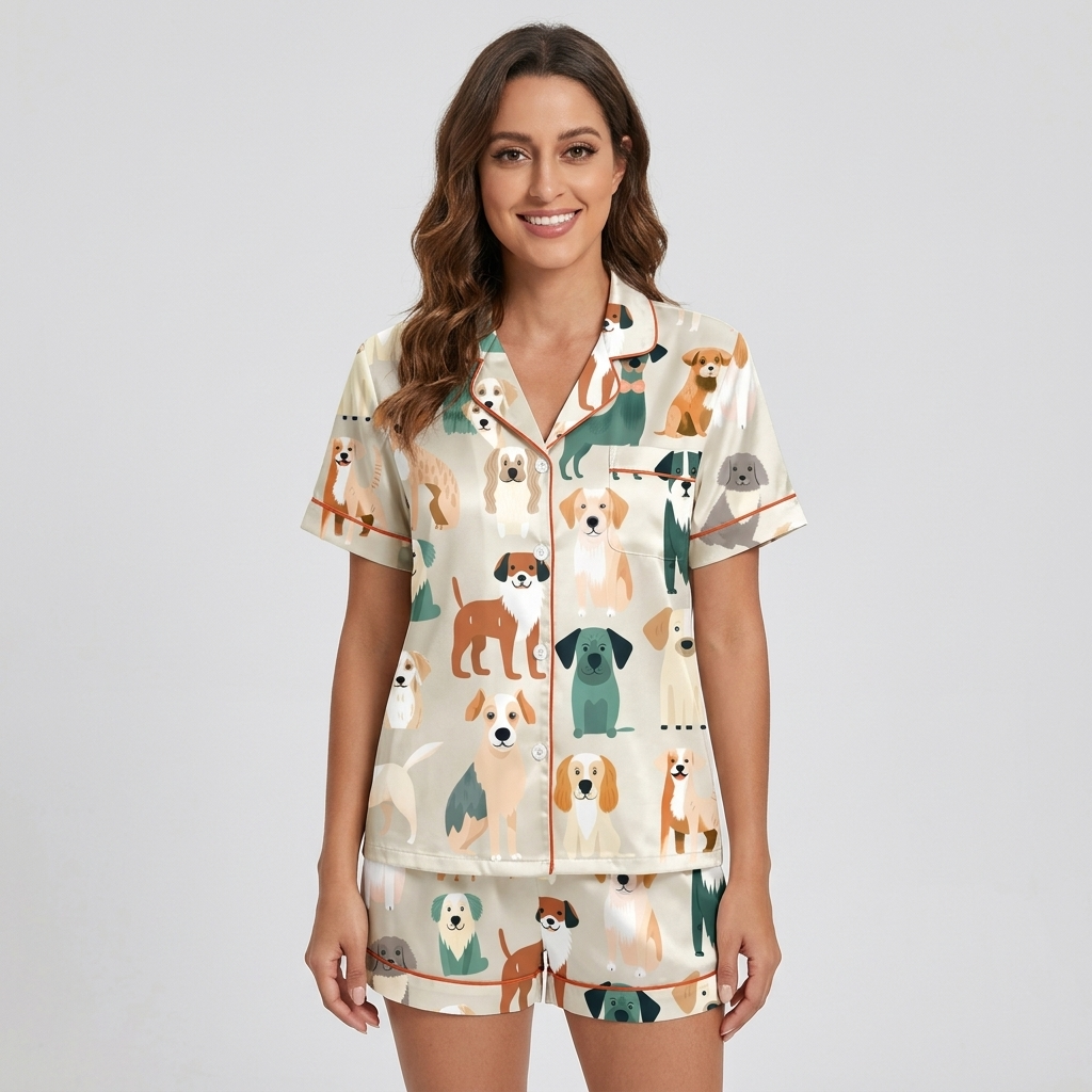Women's satin pajama set with a lineup of cartoon dogs in tan, teal and brown on creamy white with orange piping - short sleeve and shorts