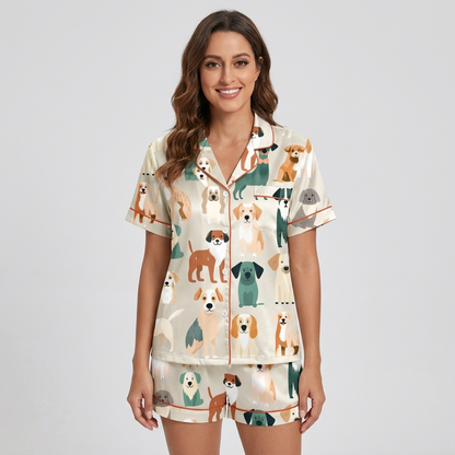 Women's satin pajama set with a lineup of cartoon dogs in tan, teal and brown on creamy white with orange piping - short sleeve and shorts