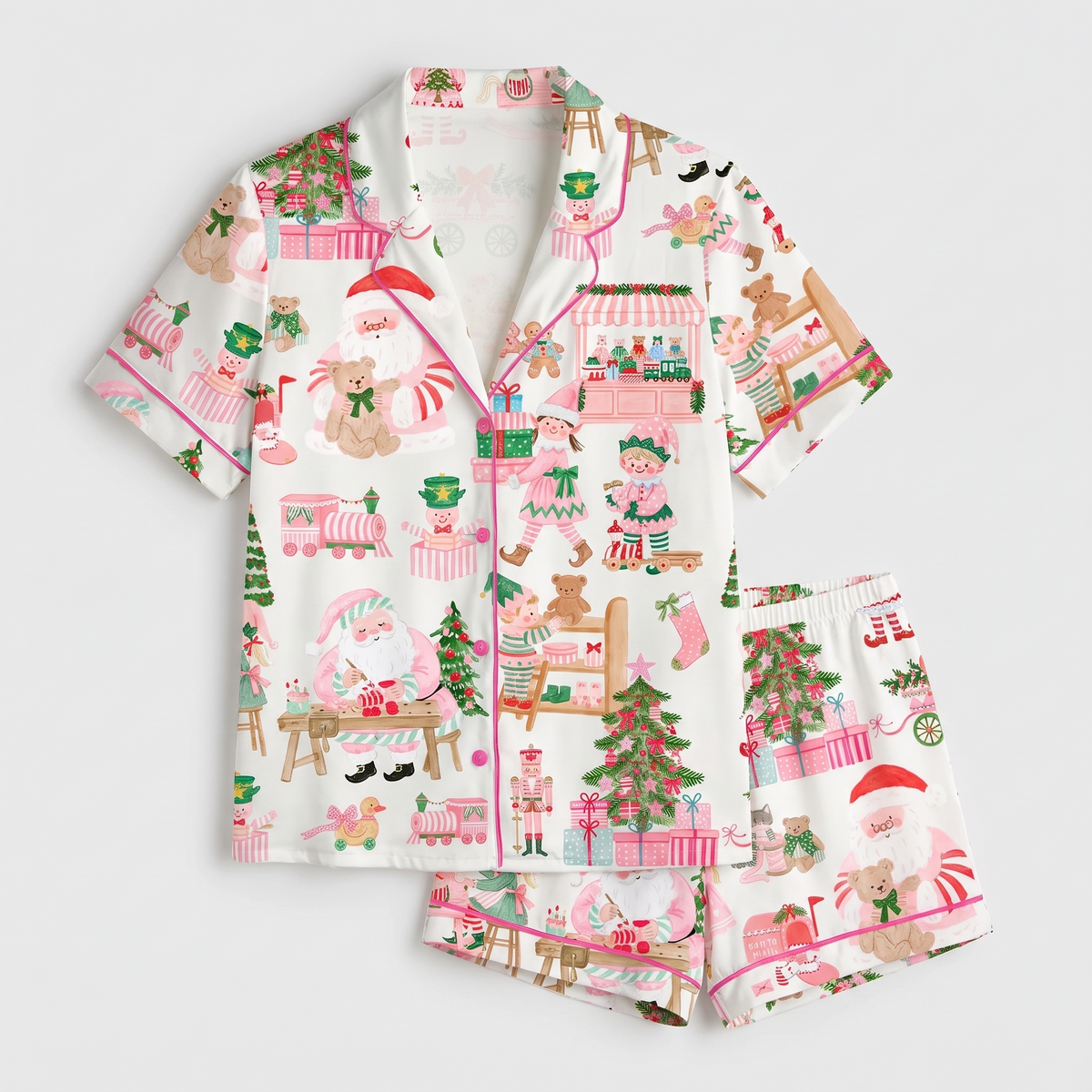 Pink Santa Workshop Women's Pajama Set - flat lay