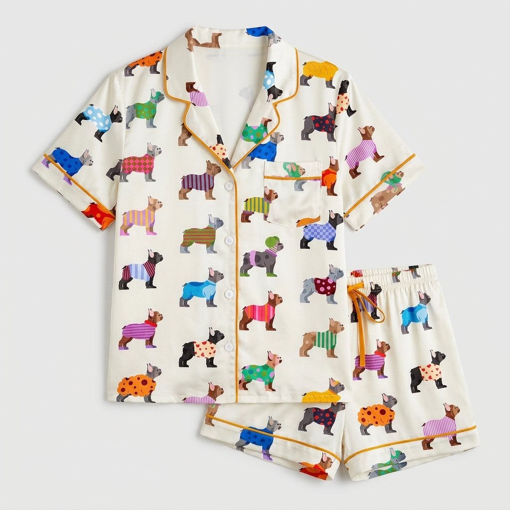 Women's satin pajama set with French bulldogs in striped, polka dot and plaid sweaters on white - flat lay