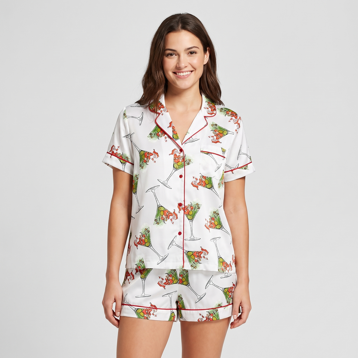 Santa's Martini Glasses Women's Pajama Set - short sleeve and shorts