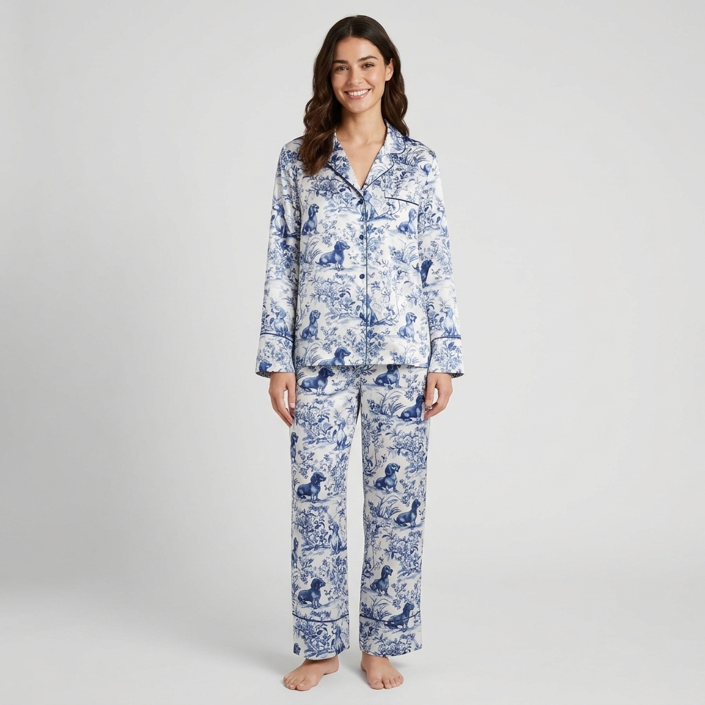 Women's long-sleeve satin pajama set with dachshunds in a navy blue toile of gardens and hills on white - long sleeve and pants