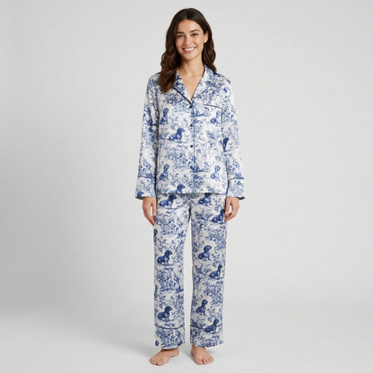 Women's long-sleeve satin pajama set with dachshunds in a navy blue toile of gardens and hills on white - long sleeve and pants