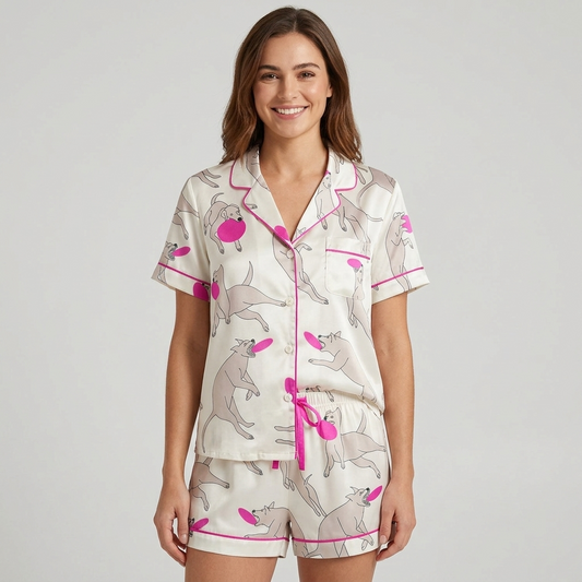 Women's satin pajama set with sleek gray whippets leaping to catch hot pink flying discs on white - short sleeve and shorts