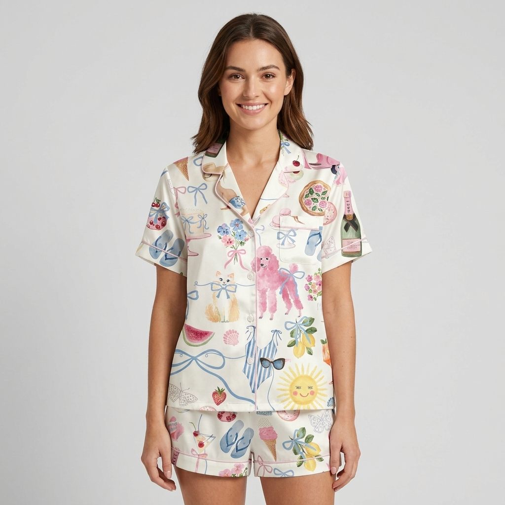 Women's satin pajama set with a pink poodle among spritz glasses, lemons and a smiling sun on white - short sleeve and shorts