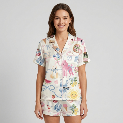 Women's satin pajama set with a pink poodle among spritz glasses, lemons and a smiling sun on white - short sleeve and shorts
