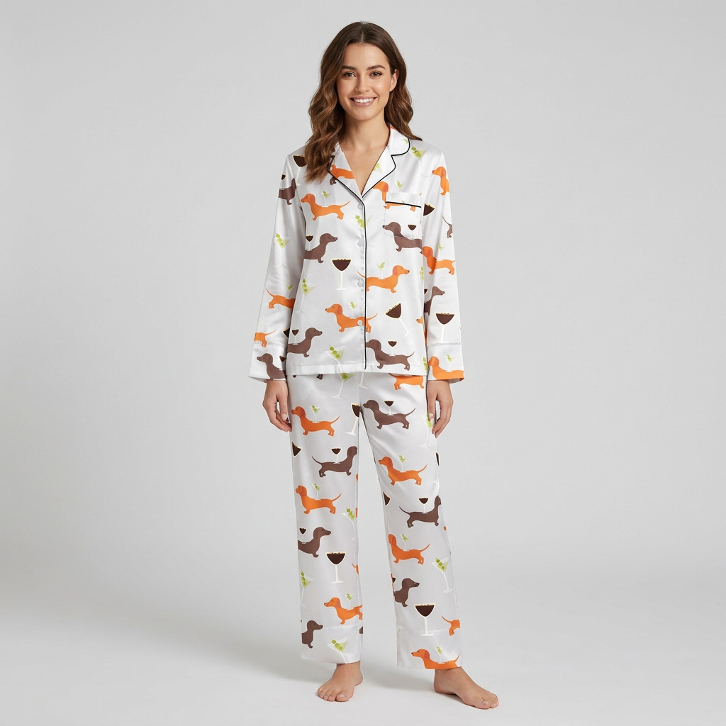Women's satin pajama set with orange and brown dachshunds with wine glasses and martinis on white - long sleeve and pants