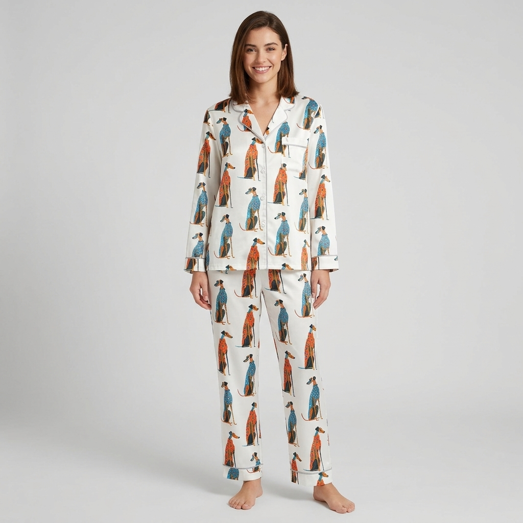 Women's satin pajama set with seated greyhounds in blue and orange patterned coats on white - long sleeve and pants