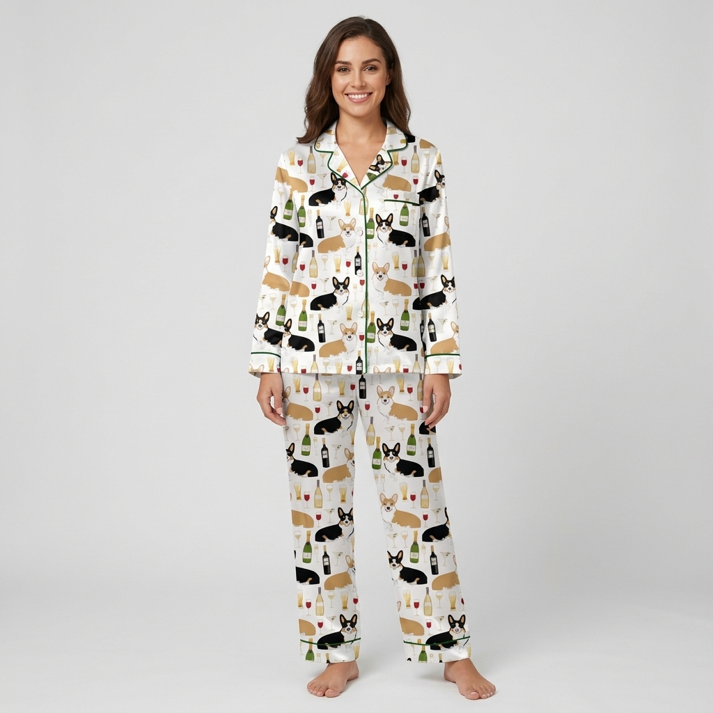 Women's satin pajama set with Pembroke corgis, wine bottles, flutes and goblets on white with green trim - long sleeve and pants