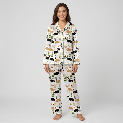 Women's satin pajama set with Pembroke corgis, wine bottles, flutes and goblets on white with green trim - long sleeve and pants