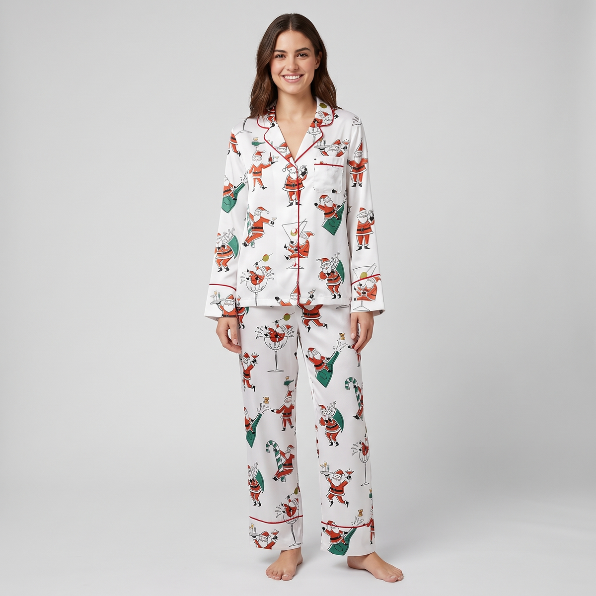 Mid-Century Santa Martini Women's Pajama Set - long sleeve and pants