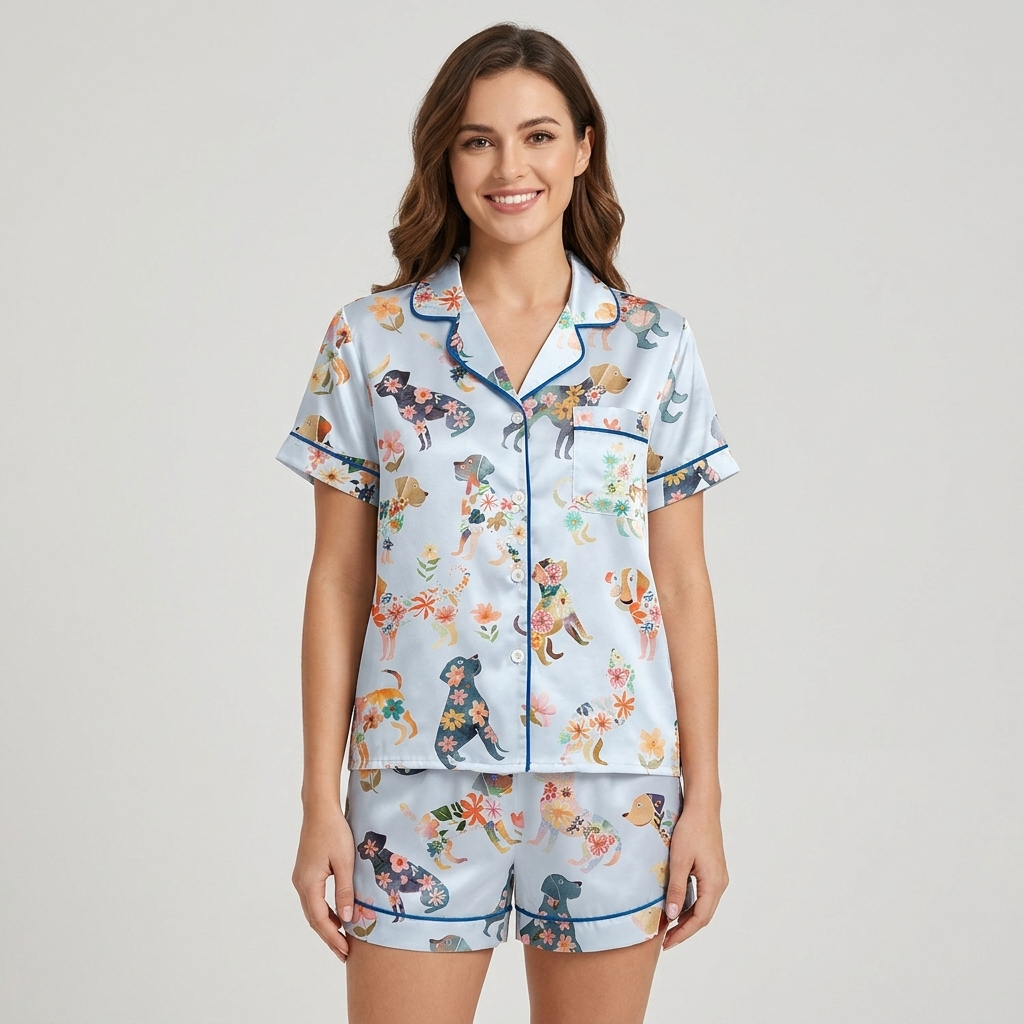 Women's satin pajama set with dog silhouettes filled with orange, pink and navy flowers on white with blue piping - short sleeve and shorts