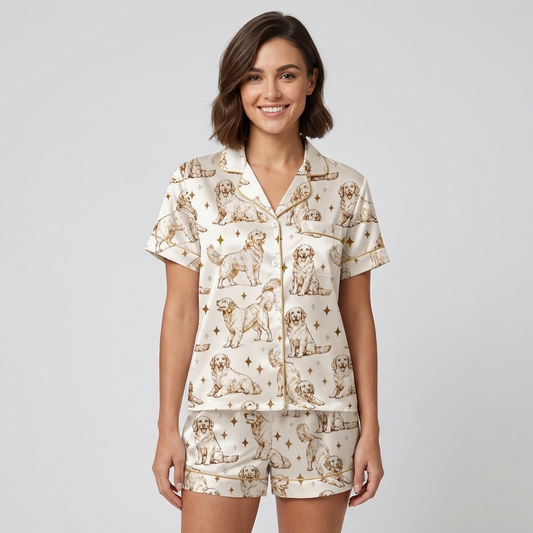 Women's satin pajama set with pencil-sketch golden retrievers with gold sparkles on cream - short sleeve and shorts