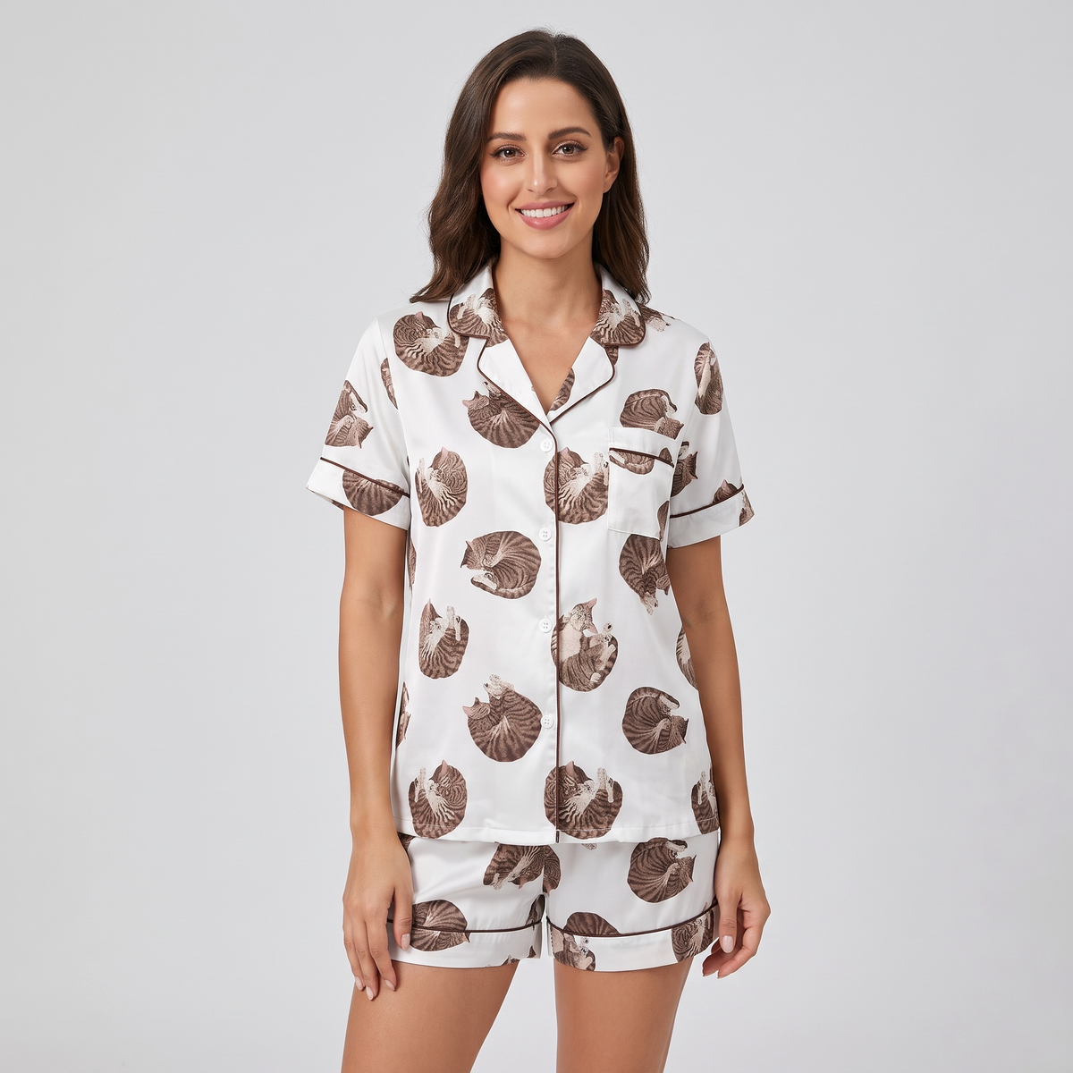 Curled Up Cats Women's Pajama Set - short sleeve and shorts