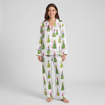Green Character Coquette Trees Women's Pajama Set - long sleeve and pants