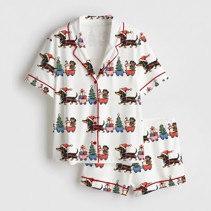 Dachshund Christmas Train Women's Pajama Set - flat lay