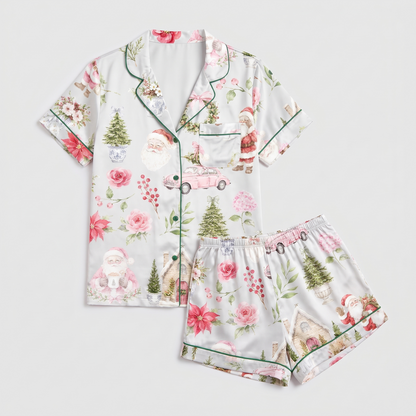Pastel Santa & Wreaths Women's Pajama Set - flat lay