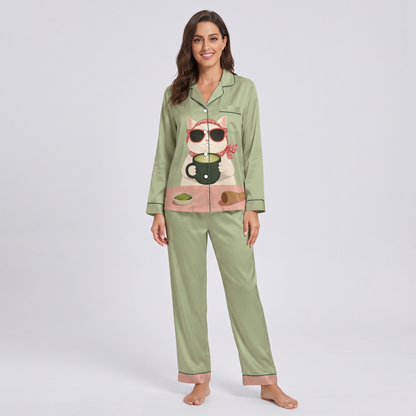 Matcha Cat Women's Pajama Set - long sleeve and pants