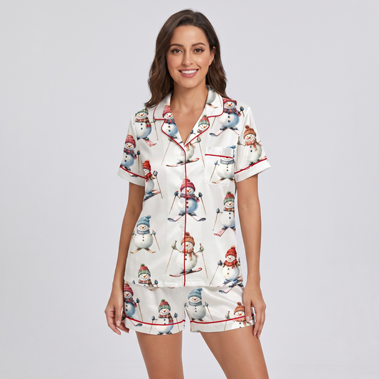 Snowmen On Skis Women's Pajama Set - short sleeve and shorts