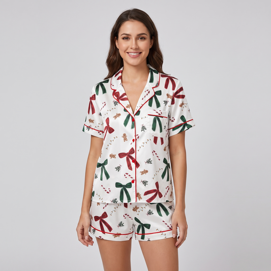 Gingerbread & Bows Women's Pajama Set - short sleeve and shorts
