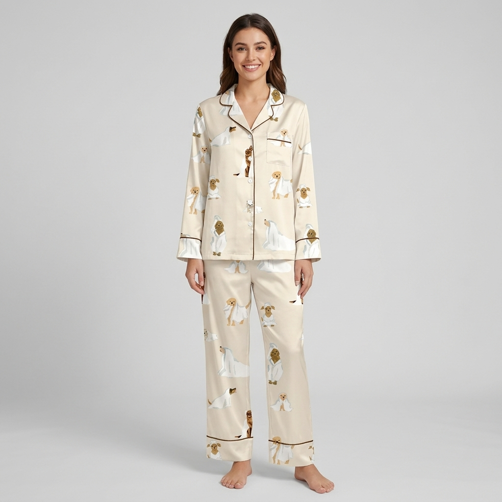 Women's satin pajama set with golden pups, a poodle and white dogs in bath towels on cream with brown piping - long sleeve and pants