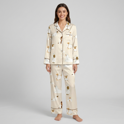 Women's satin pajama set with golden pups, a poodle and white dogs in bath towels on cream with brown piping - long sleeve and pants