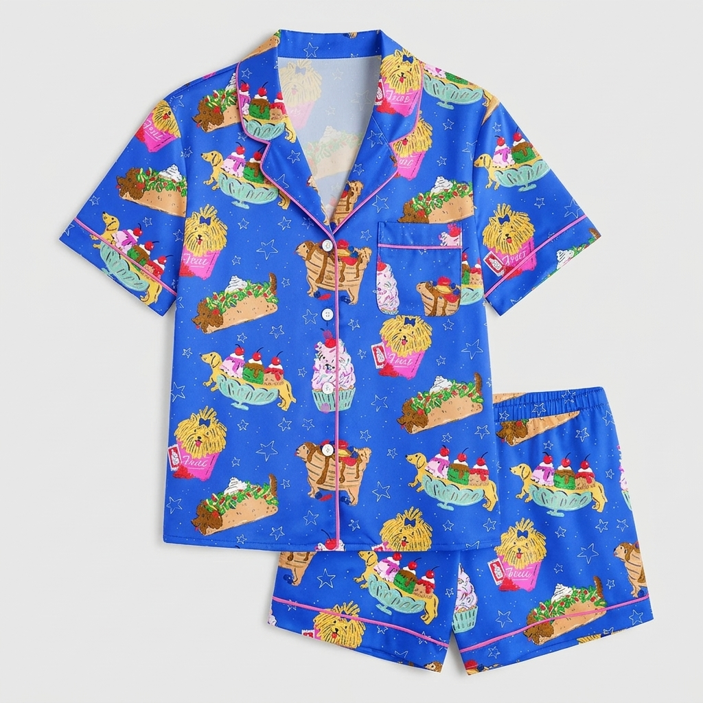 Women's satin pajama set with golden retrievers nestled in burgers, tacos, fries and sundaes on bright blue - flat lay