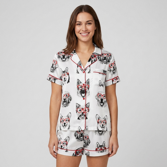 Women's satin pajama set with sketched husky, golden and corgi faces in round red glasses on white - short sleeve and shorts
