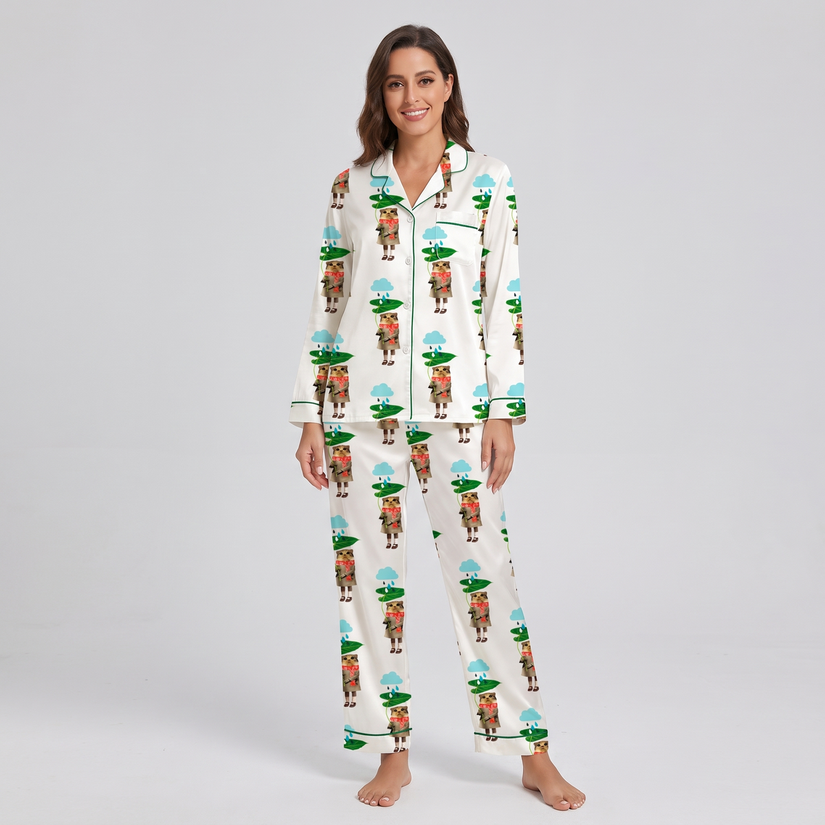 Leaf Umbrella Cats Women's Pajama Set - long sleeve and pants