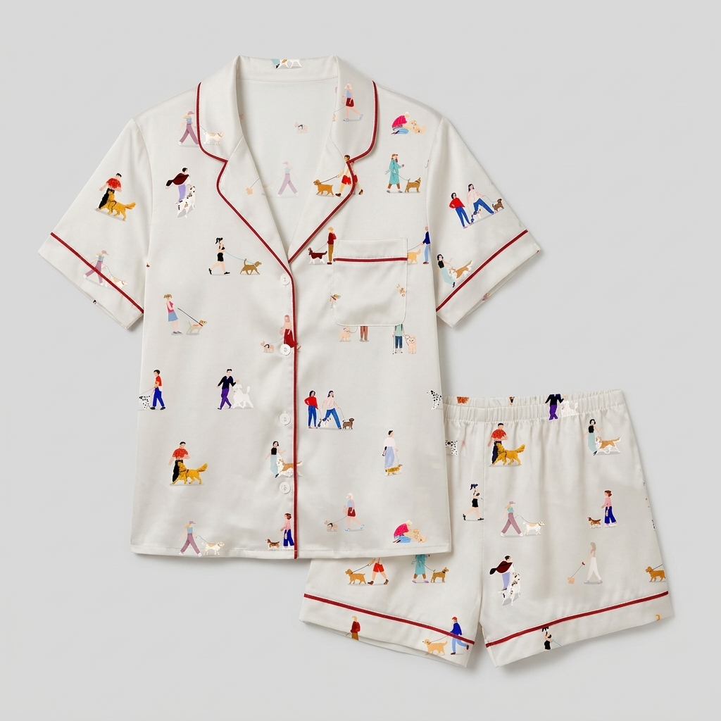 Women's satin pajama set with tiny illustrated people strolling and jogging with their dogs on white - flat lay