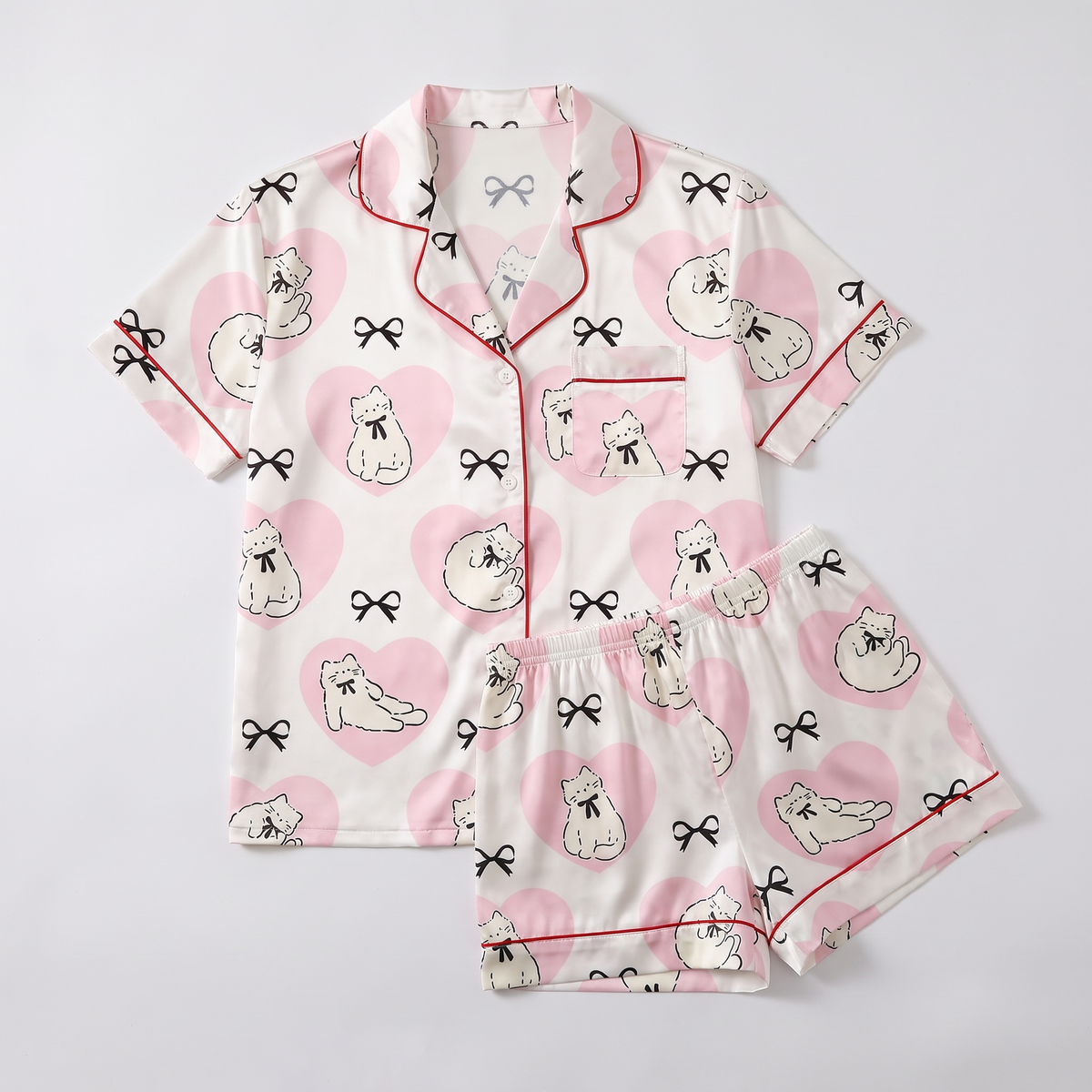 Heart Bow Kittens Women's Pajama Set - flat lay