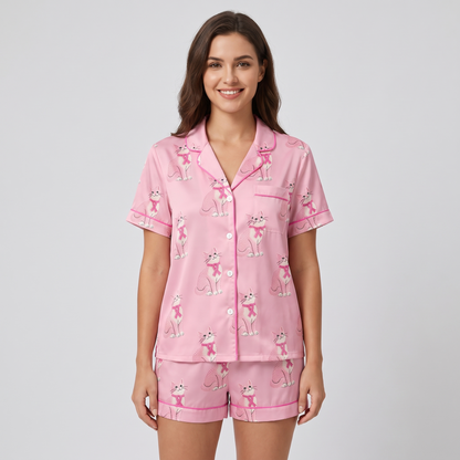 Pink Ribbon Cats Women's Pajama Set - short sleeve and shorts