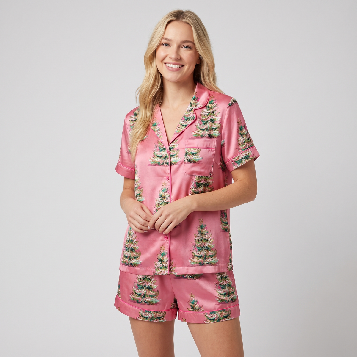 Flocked Trees On Pink Women's Pajama Set - short sleeve and shorts