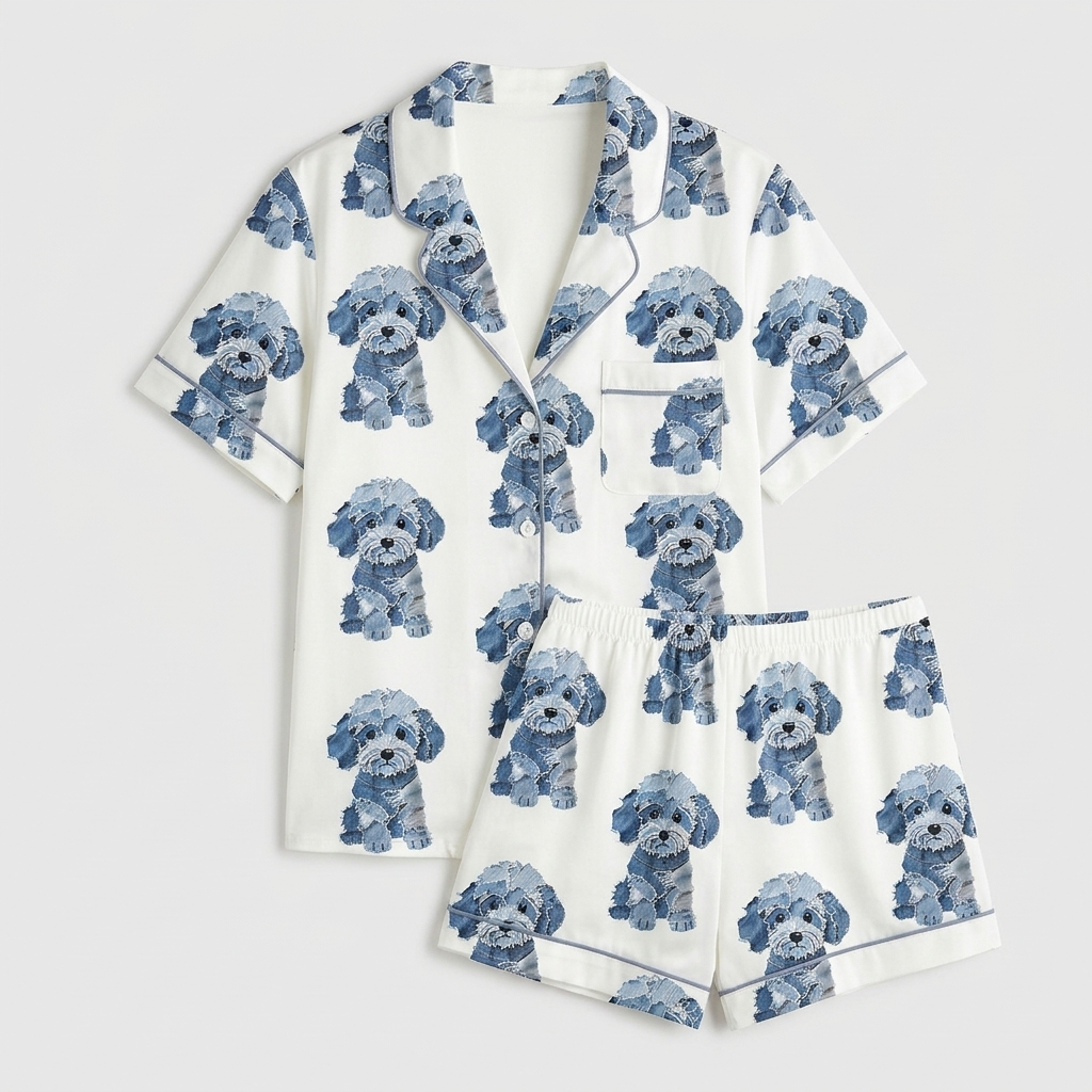 Women's satin pajama set with fluffy doodle pups in denim-textured blues in rows on white - flat lay