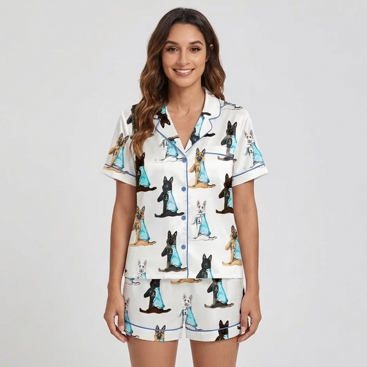 Women's satin pajama set with German shepherds in aqua tees on white - short sleeve and shorts