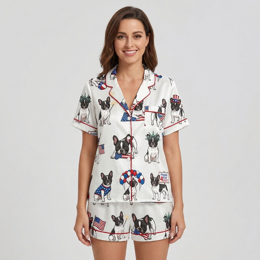 Women's satin pajama set with French bulldogs in Liberty crowns holding flags and red, white and blue balloons - short sleeve and shorts