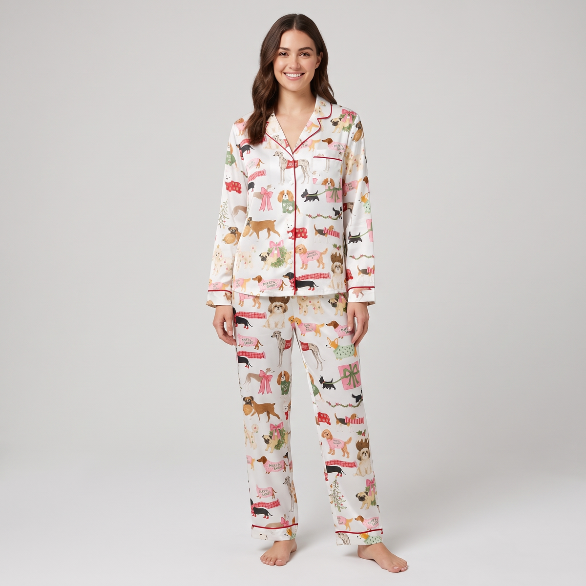 Christmas Dogs & Bows Women's Pajama Set - long sleeve and pants