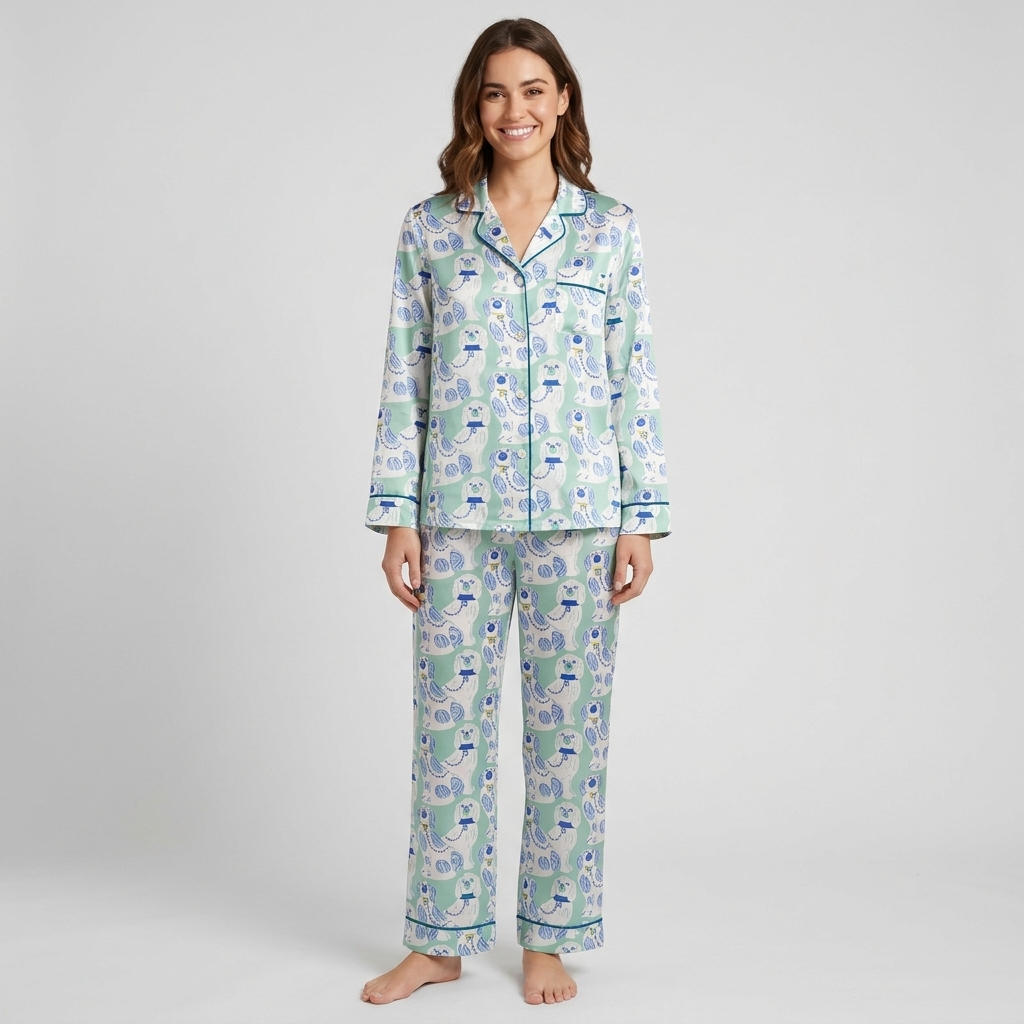 Women's satin pajama set with blue and white porcelain spaniel figurines in lattice frames on mint green - long sleeve and pants