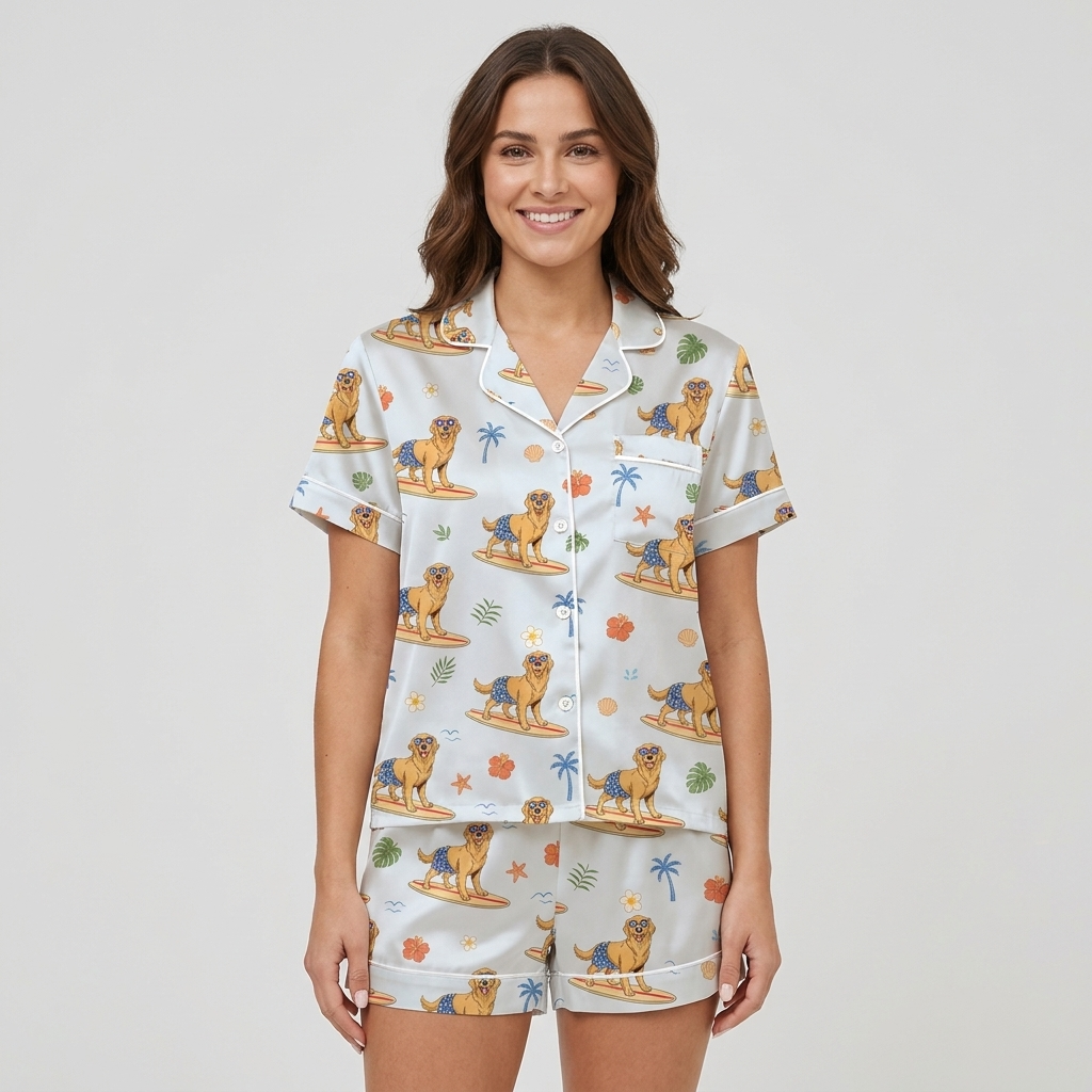 Women's satin pajama set with golden retrievers surfing among palm trees and hibiscus - short sleeve and shorts