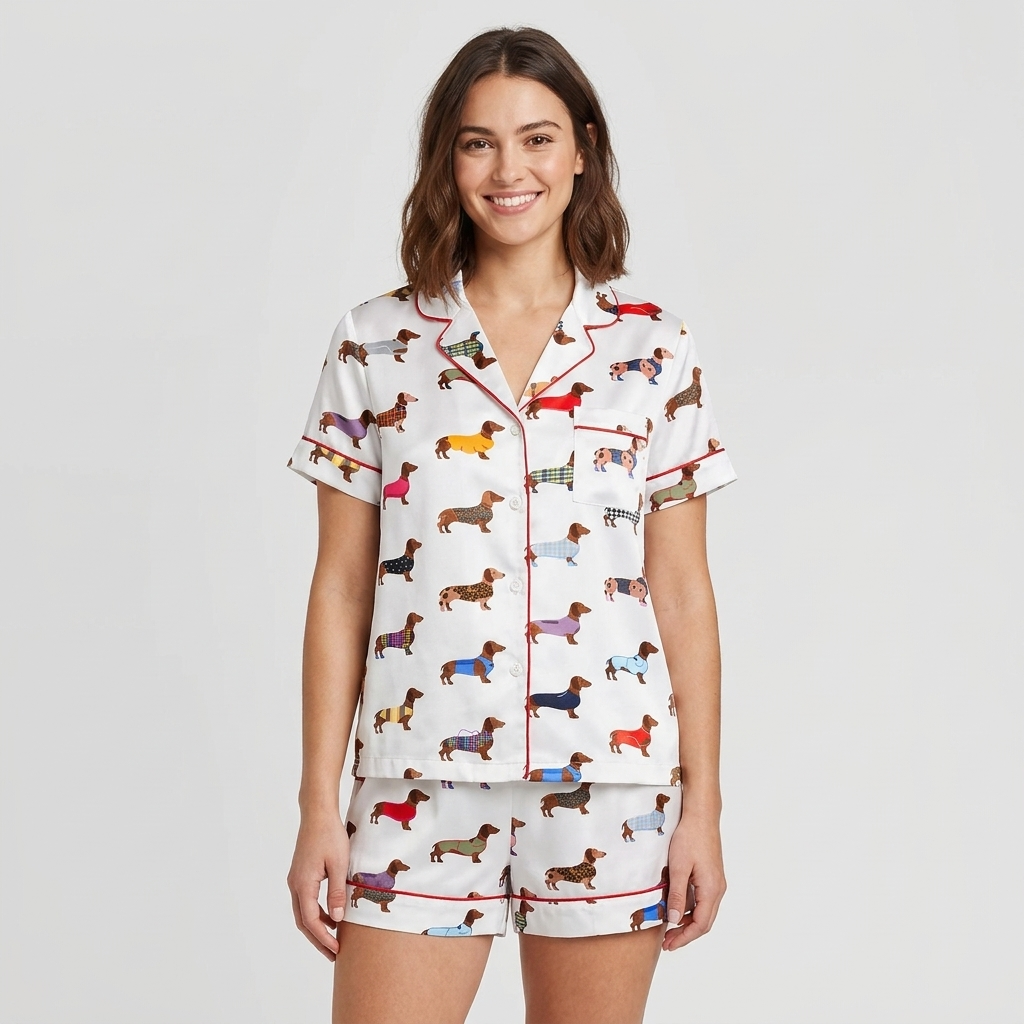 Women's long-sleeve satin pajama set with rows of dachshunds in rainbow tartan and striped sweaters on white - short sleeve and shorts